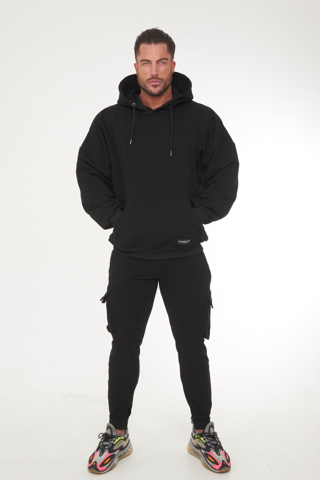Oversized Fit Printed Hoodie - Black - Men